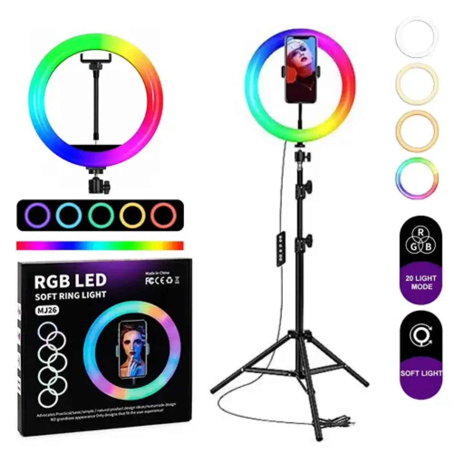 LED RING LIGHT MJ26 10 Inch RGB Led Ring Light With PHONE HOLDER Circle Ring Selfie Led Photographic Studio Light For Youtube Live Show , Include Stand