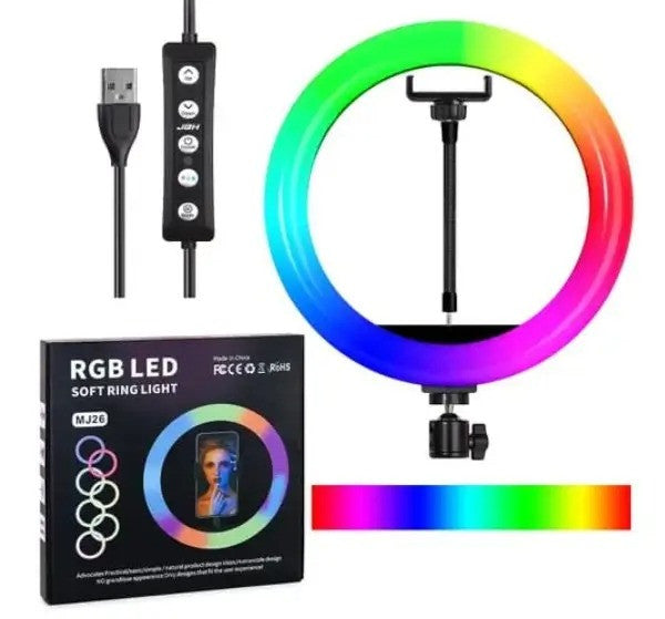 LED RING LIGHT MJ26 10 Inch RGB Led Ring Light With PHONE HOLDER Circle Ring Selfie Led Photographic Studio Light For Youtube Live Show , Include Stand