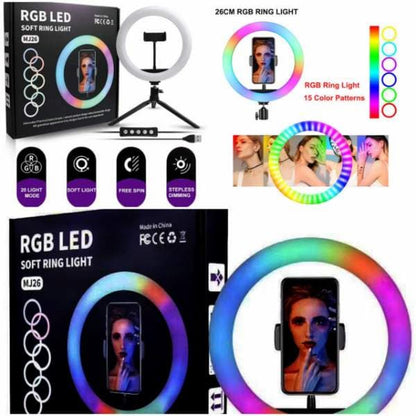 LED RING LIGHT MJ26 10 Inch RGB Led Ring Light With PHONE HOLDER Circle Ring Selfie Led Photographic Studio Light For Youtube Live Show , Include Stand