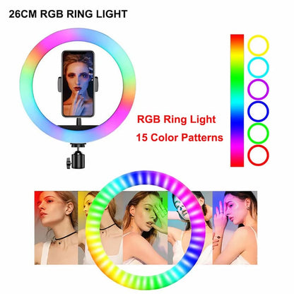 LED RING LIGHT MJ26 10 Inch RGB Led Ring Light With PHONE HOLDER Circle Ring Selfie Led Photographic Studio Light For Youtube Live Show , Include Stand
